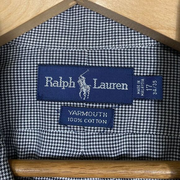 Ralph Lauren Shirt Mens 17 34/35 Blue Houndstooth Yarmouth Long Sleeve Button Up - Picture 4 of 5